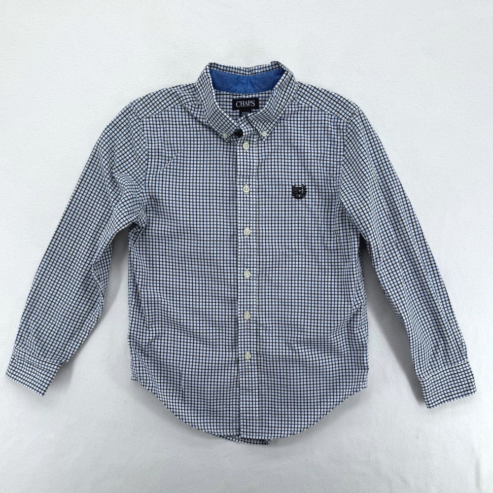 Chaps Button Down Shirt Kids Medium 10/12 Blue White Check Easy Care Long Sleeve